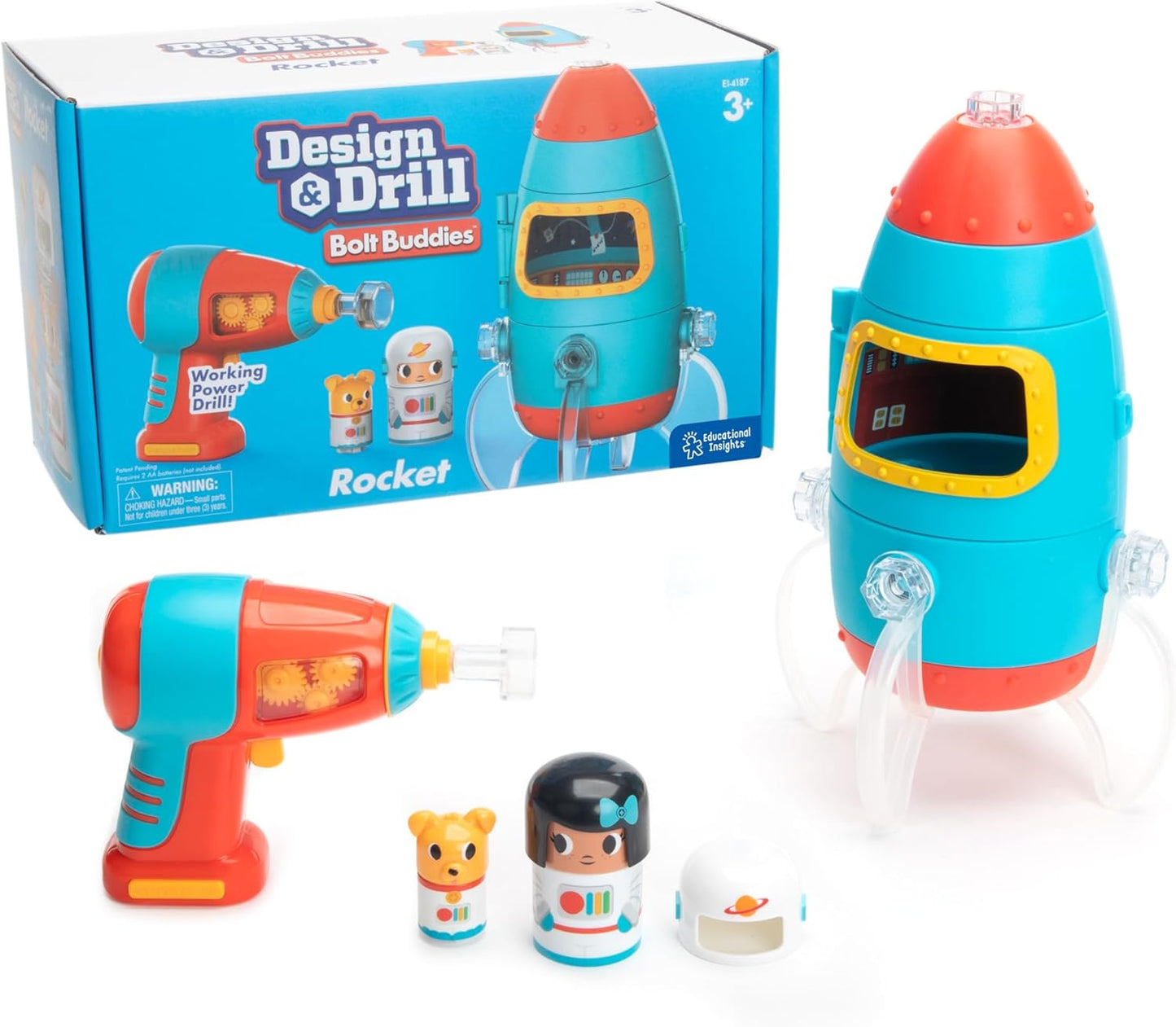 Educational Insights Design & Drill Bolt Buddies Rocket Take Apart Toy with Electric Toy Drill