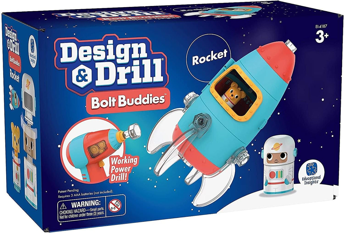 Educational Insights Design & Drill Bolt Buddies Rocket Take Apart Toy with Electric Toy Drill