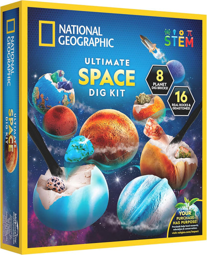 NATIONAL GEOGRAPHIC® Ultimate Space Gemstone Dig Kit – 8 Planet-Shaped Bricks with 16 Real Rock & Gemstone Specimens, Gems for Kids, Excavation Digging Activity, Gem Mining Kit