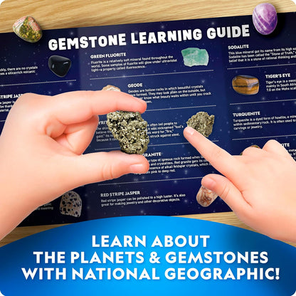 NATIONAL GEOGRAPHIC® Ultimate Space Gemstone Dig Kit – 8 Planet-Shaped Bricks with 16 Real Rock & Gemstone Specimens, Gems for Kids, Excavation Digging Activity, Gem Mining Kit