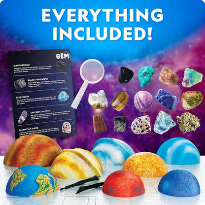 NATIONAL GEOGRAPHIC® Ultimate Space Gemstone Dig Kit – 8 Planet-Shaped Bricks with 16 Real Rock & Gemstone Specimens, Gems for Kids, Excavation Digging Activity, Gem Mining Kit