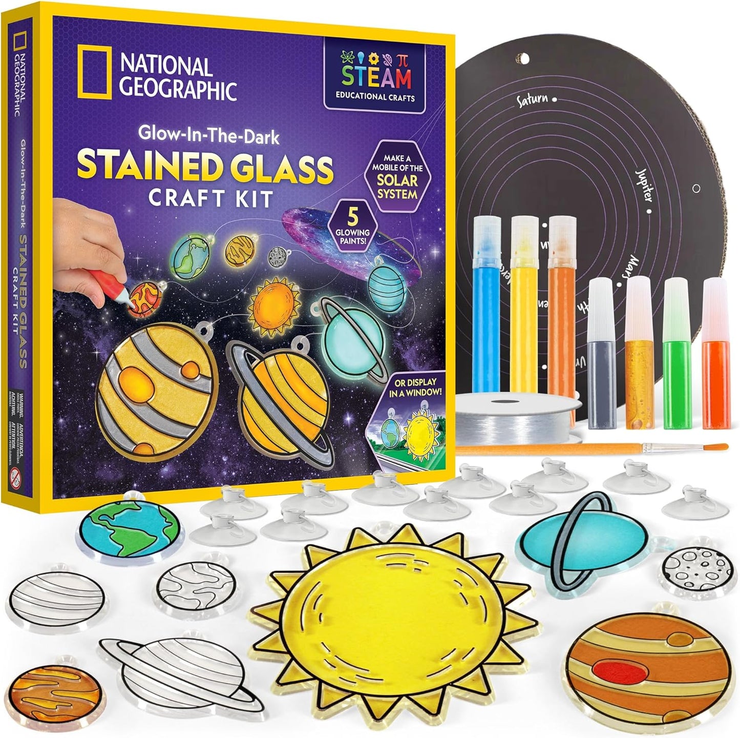 NATIONAL GEOGRAPHIC® Kids Window Art Kit - Stained Glass Solar System Arts & Crafts Kit with Glow in The Dark Planets